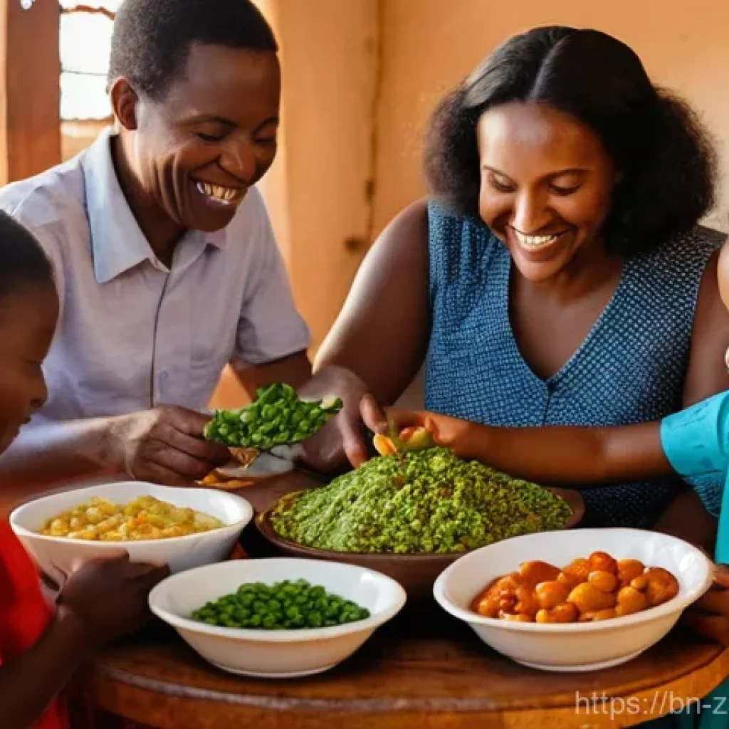 잠비아 전통 요리 - **A vibrant Zambian family meal scene.** In a warmly lit, traditional Zambian home, a family of four...