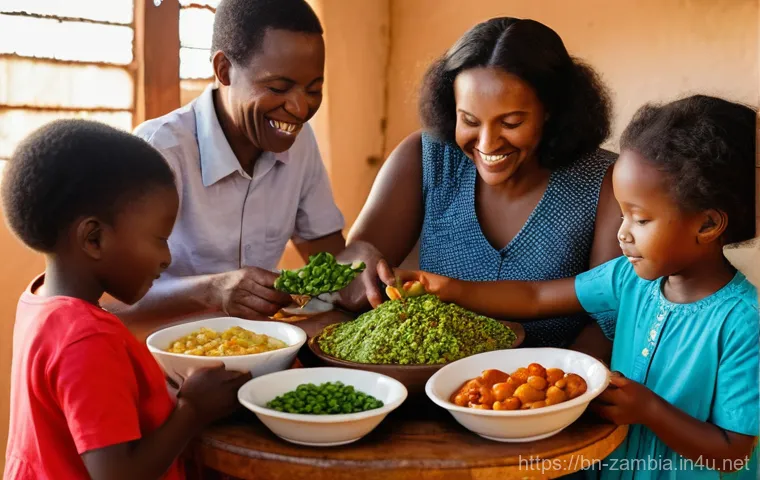 잠비아 전통 요리 - **A vibrant Zambian family meal scene.** In a warmly lit, traditional Zambian home, a family of four...