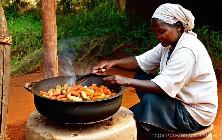잠비아 전통 요리 - **A bustling local Zambian market.** The scene is a lively open-air market vibrant with color and ac...