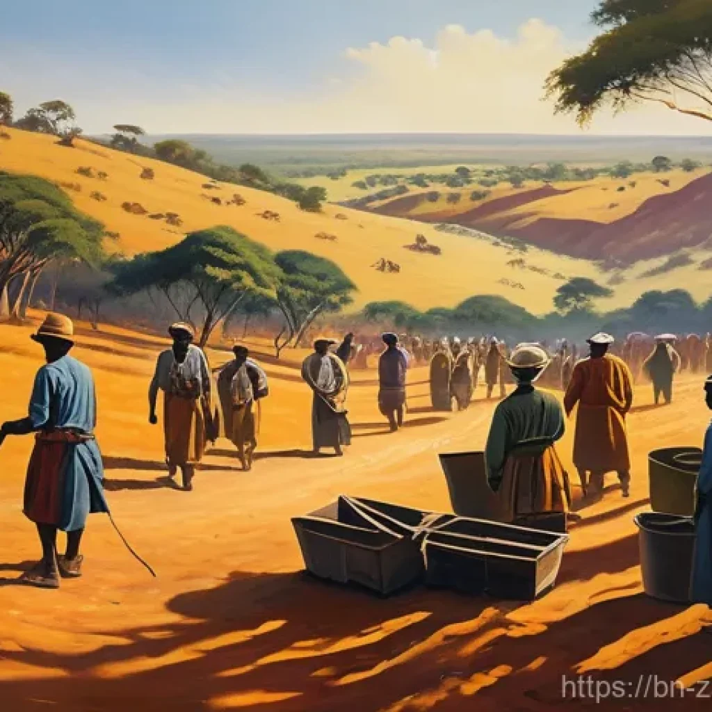 잠비아 식민지 시대 - **Prompt:** A vivid, historically-inspired painting depicting the early 20th-century colonial era in...