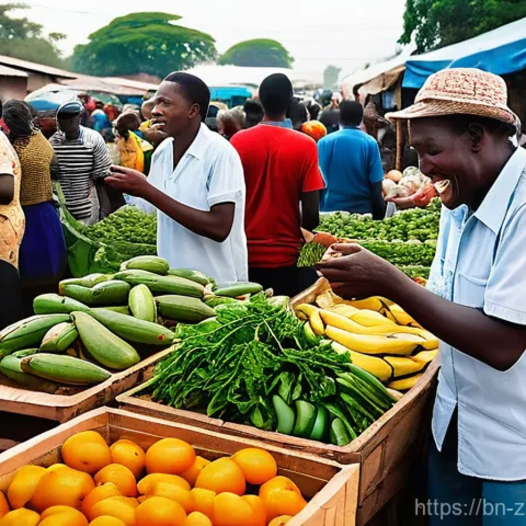 잠비아 음식 가격 - **A Vibrant Zambian Local Market**: A bustling open-air market scene in Zambia, filled with diverse ...