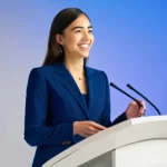 잠비아 수출입 규제 - **Professional Conference Speaker:** A confident young woman, dressed in a smart, modest business su...