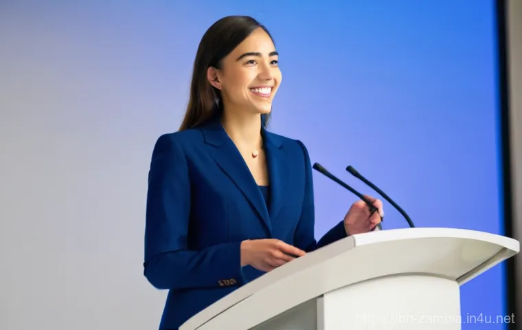 잠비아 수출입 규제 - **Professional Conference Speaker:** A confident young woman, dressed in a smart, modest business su...