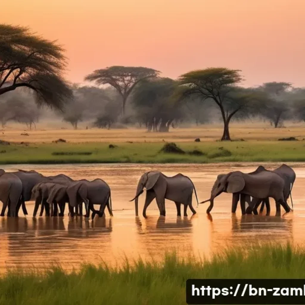 잠비아 루앙과 강 - A breathtaking wide-angle shot of the Luangwa River at dawn, bathed in the soft, golden light of the...