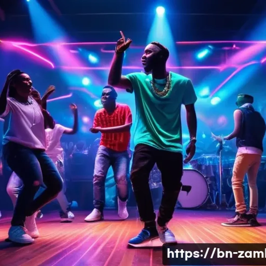 잠비아 나이트라이프 - Vibrant night club scene in Ruayaka city featuring a diverse group of young adults wearing stylish c...