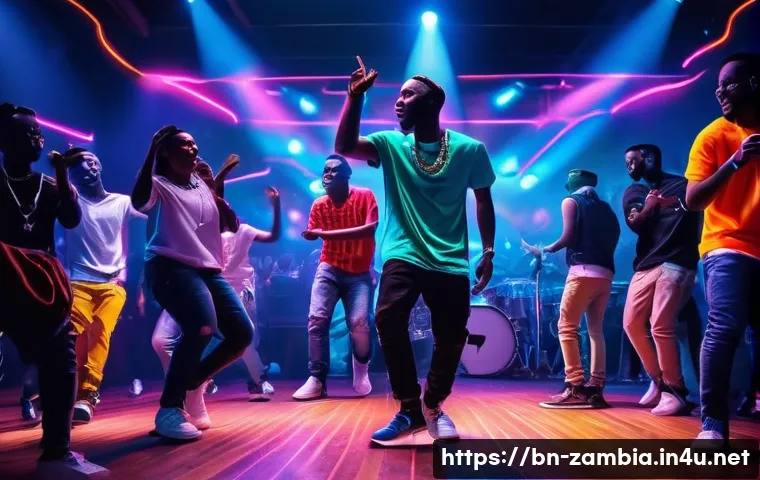 잠비아 나이트라이프 - Vibrant night club scene in Ruayaka city featuring a diverse group of young adults wearing stylish c...