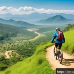 잠비아 자전거 여행 - A scenic mountain biking trail in Zambia during the dry season, featuring a cyclist wearing a helmet...