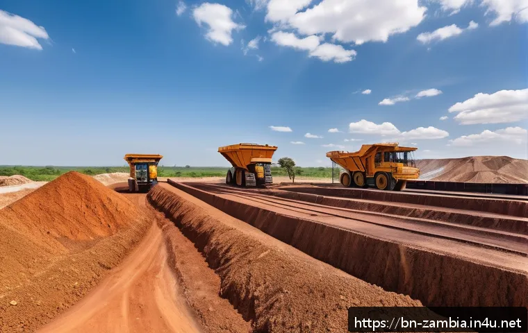 잠비아 외국인 투자 - A detailed scene of a modern Zambian copper mining operation under a bright blue sky, showing miners...
