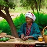잠비아 전통 의약 - A serene village scene in Zambia featuring a traditional healer preparing herbal medicine using loca...