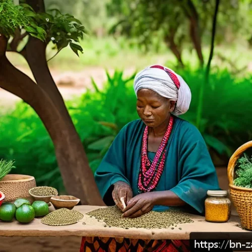 잠비아 전통 의약 - A serene village scene in Zambia featuring a traditional healer preparing herbal medicine using loca...