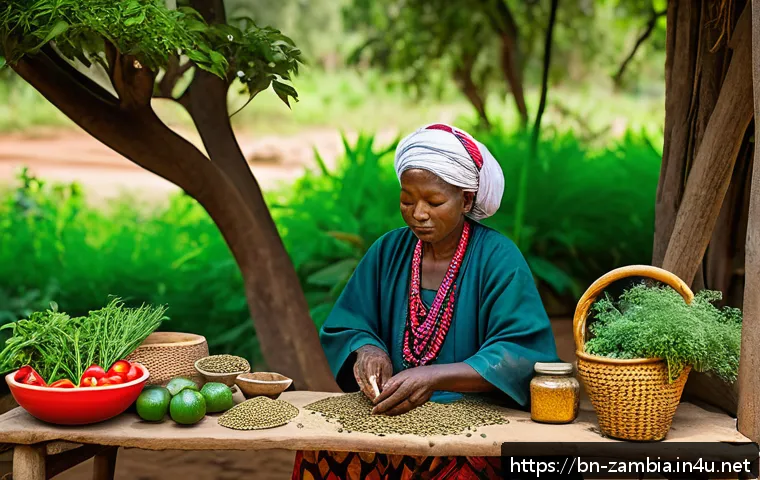 잠비아 전통 의약 - A serene village scene in Zambia featuring a traditional healer preparing herbal medicine using loca...
