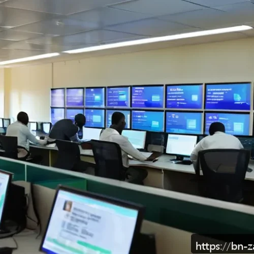 잠비아 부패 문제 - A detailed digital government office scene in Zambia showing officials working on computers with tra...