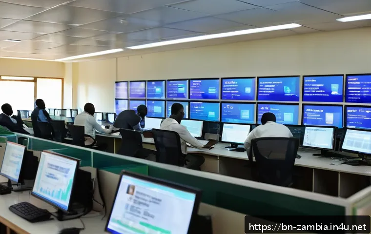 잠비아 부패 문제 - A detailed digital government office scene in Zambia showing officials working on computers with tra...