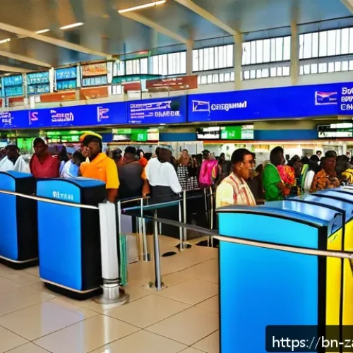 잠비아 국내선 항공편 - A vibrant airport scene at Lusaka International Airport in Zambia, showing modern check-in counters,...