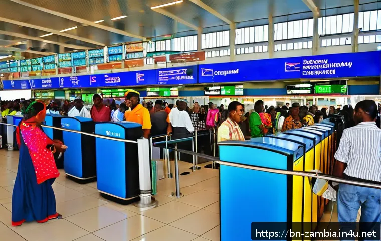 잠비아 국내선 항공편 - A vibrant airport scene at Lusaka International Airport in Zambia, showing modern check-in counters,...