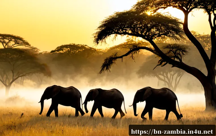 Home 17 잠비아 야생동물 보호구역 - Photorealistic wide-angle view of a Zambia wildlife sanctuary at sunrise, a small herd of African el...
