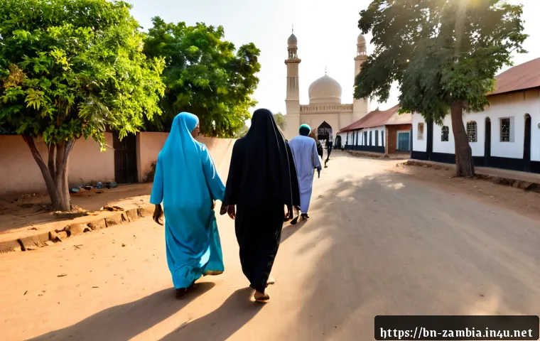 잠비아 이슬람교 비율 - Photorealistic wide-angle scene in Lusaka, Zambia, showing a small group of Muslim men and women in ...