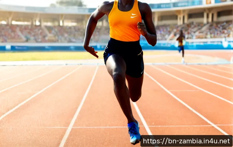 Home 30 잠비아 스포츠 선수 - Photorealistic Zambian female track athlete sprinting powerfully on a modern outdoor running track, ...