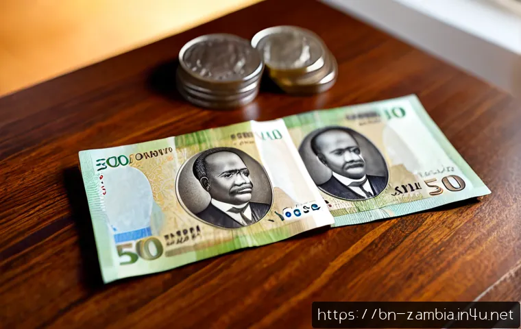 잠비아 화폐 단위 - Photorealistic close-up of Zambian kwacha-inspired banknotes and coins neatly arranged on a polished...